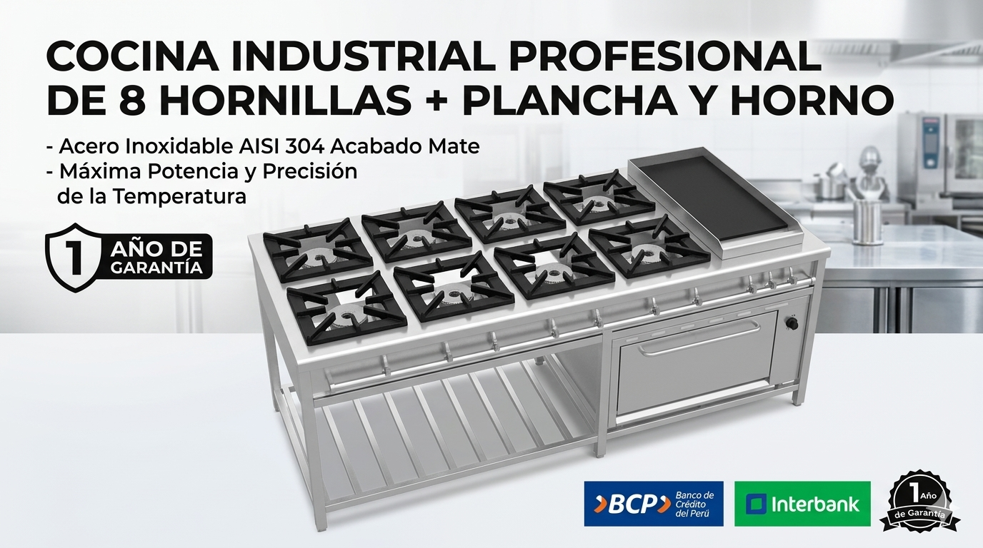 COCINA INDUSTRIAL DE 8 HORNILLAS + PLANCHA Y HORNO