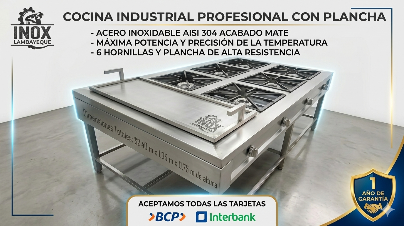 Cocina Industrial de 6 hornillas con Plancha